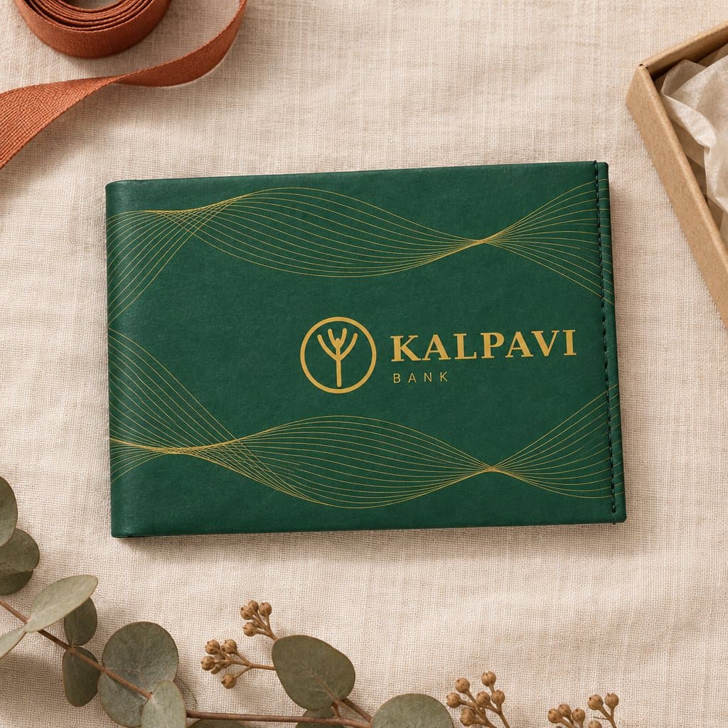 The Kalpavi Bank wallet, closed on cream linen: deep green, fine gold guilloche waves and the logo in gold on the front.