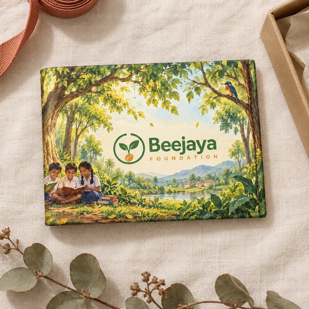 The Beejaya wallet, closed on cream linen: children reading under a tree in a painted green landscape, with the logo on the front.