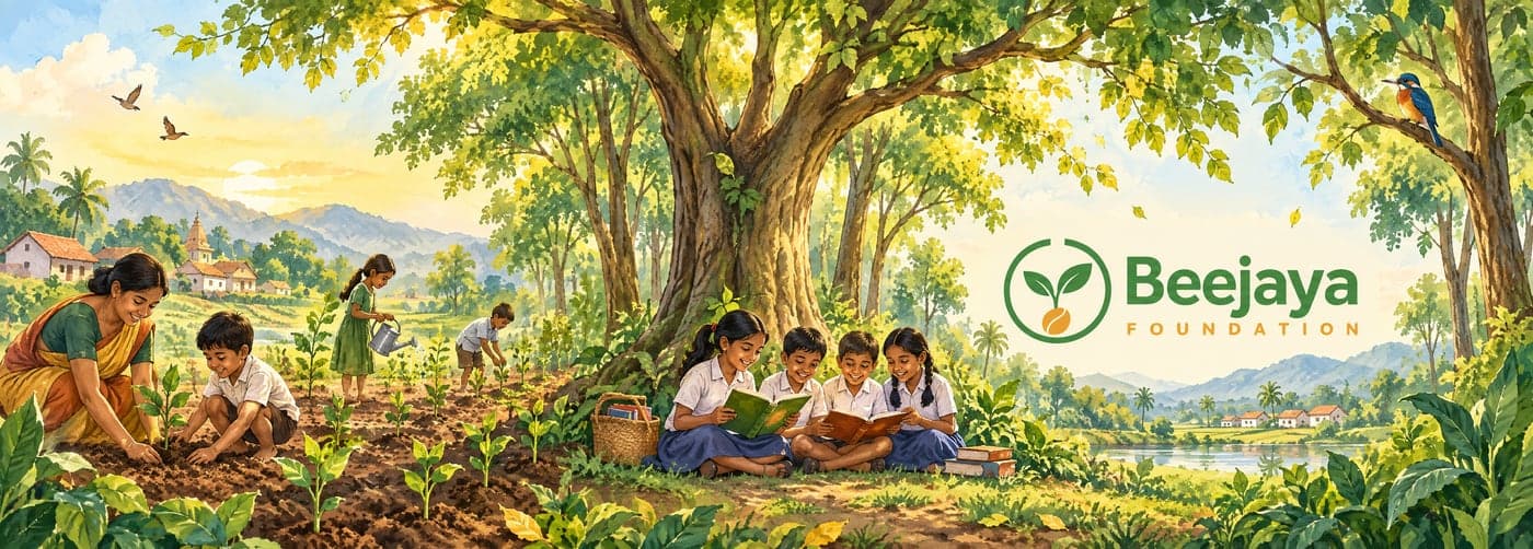 Flat print sheet: a hand-painted village scene where children plant saplings and read under a great tree, with the Beejaya Foundation logo on the right half.
