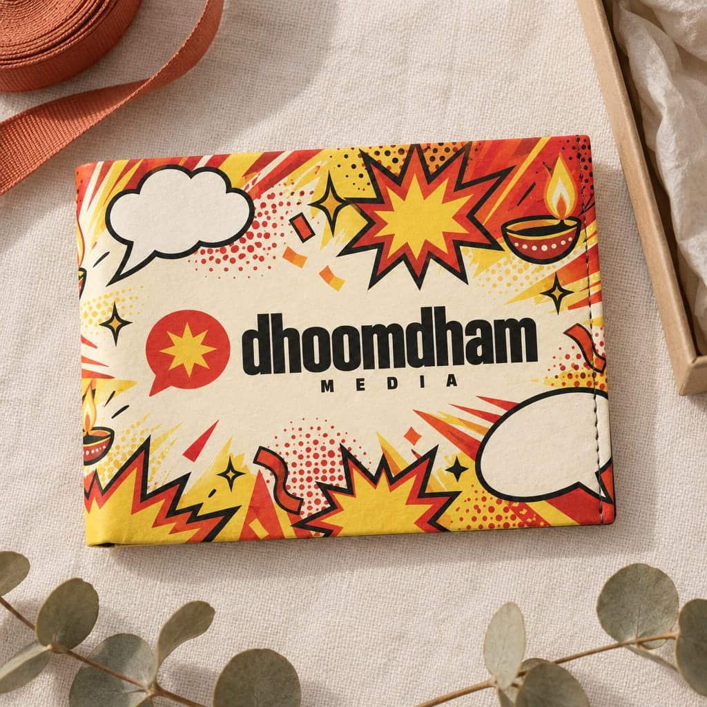 The Dhoomdham wallet, closed on cream linen: loud pop-art bursts and speech bubbles, with the logo on the front.