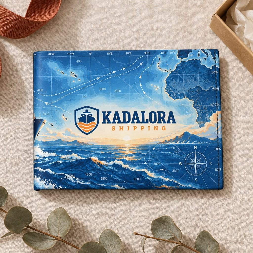 The Kadalora wallet, closed on cream linen: a deep-blue sea chart and waves, with the shield logo on the front.