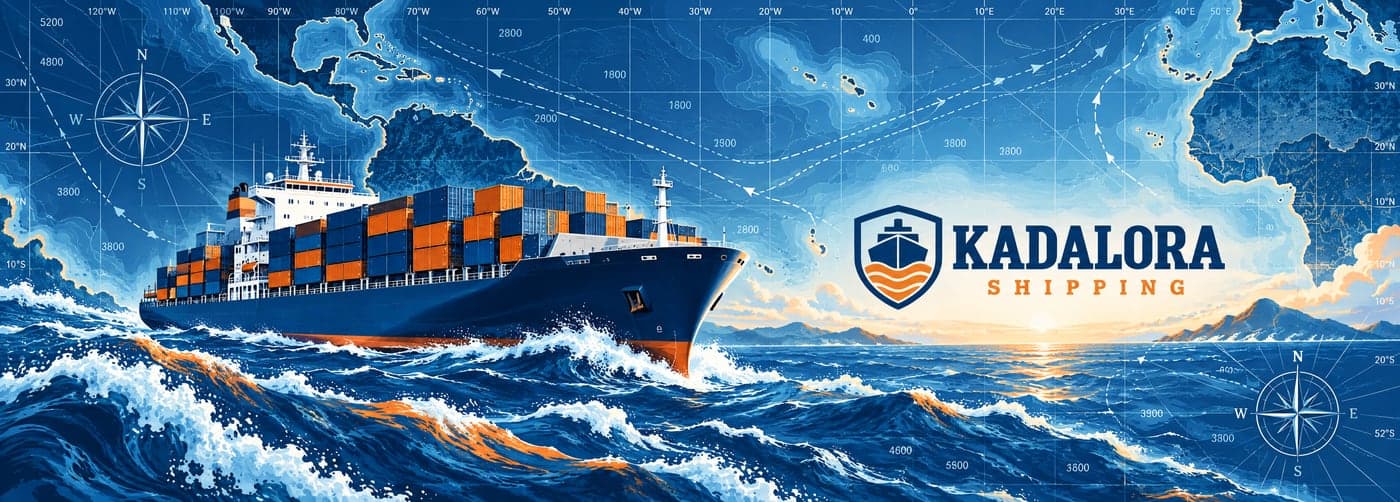 Flat print sheet: a container ship ploughing through deep-blue waves across a stylised sea chart with compass roses, with the Kadalora Shipping logo on the right half.