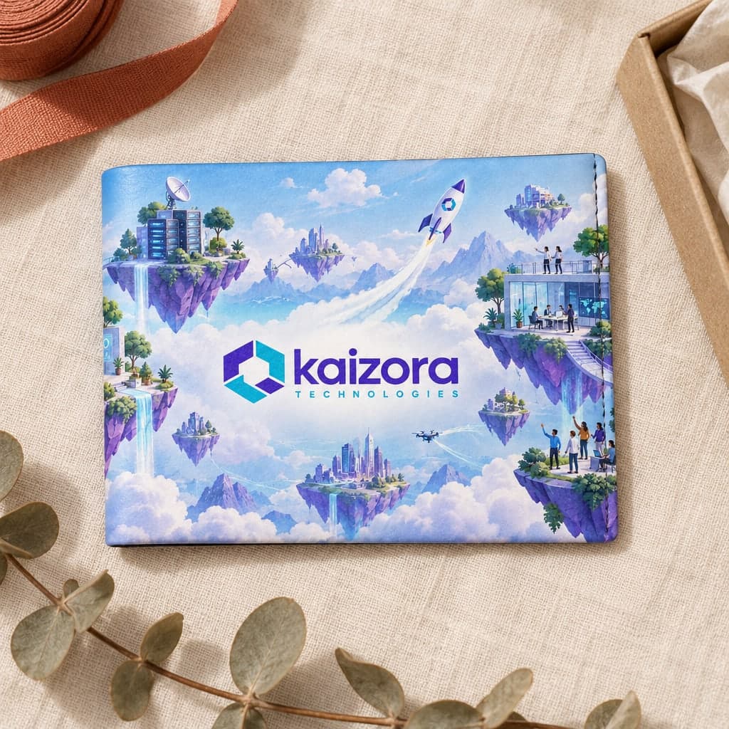 The Kaizora wallet, closed on cream linen: floating islands with offices and rockets in a pale sky, with the logo on the front.