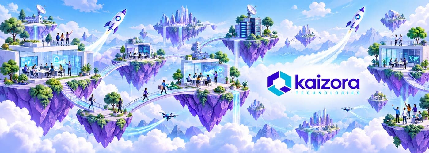 Flat print sheet: a bright world of floating violet islands with glass offices, people at work, bridges, server towers and rockets taking off, with the Kaizora Technologies logo on the right half.
