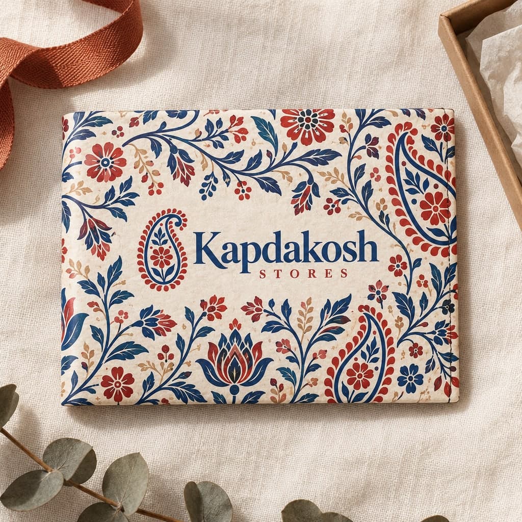 The Kapdakosh wallet, closed on cream linen: indigo and red block-print paisleys, with the logo on the front.