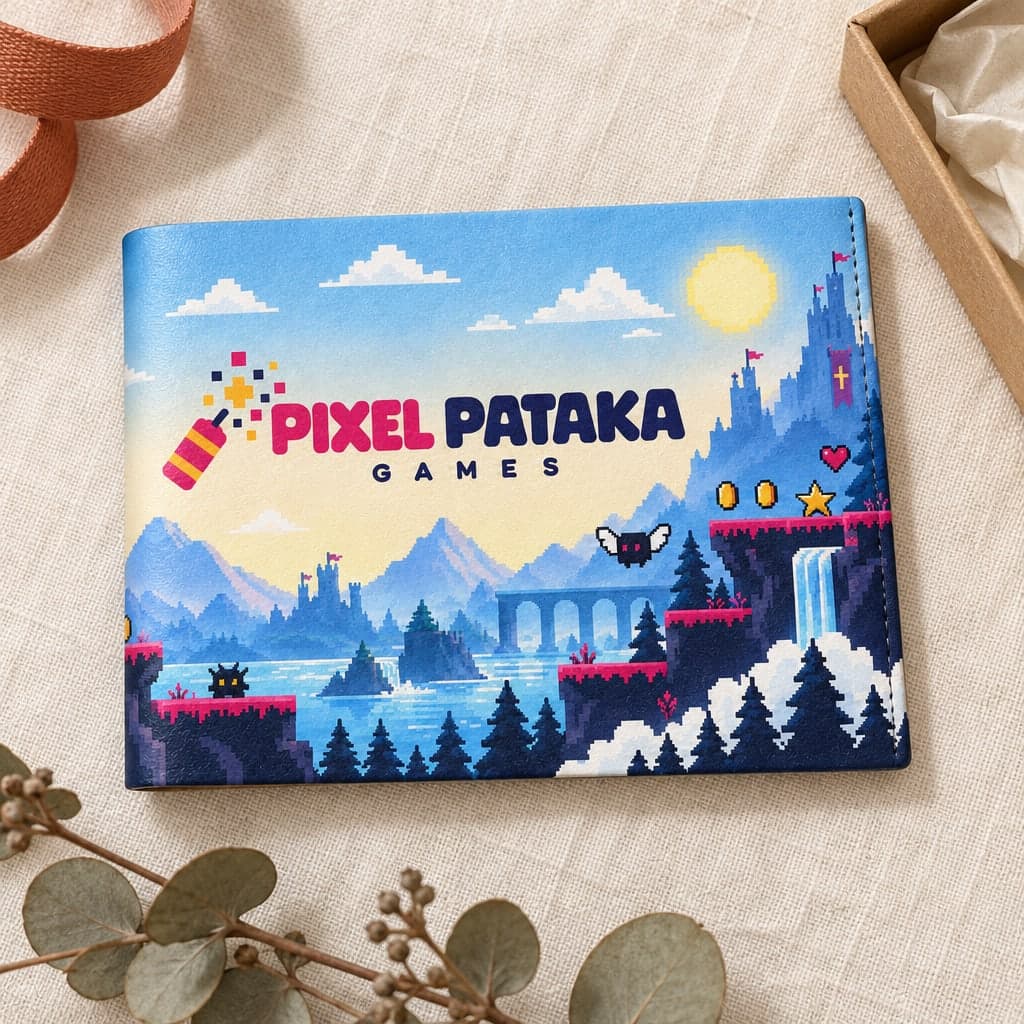 The Pixel Pataka wallet, closed on cream linen: a bright pixel platformer landscape, with the logo on the front.