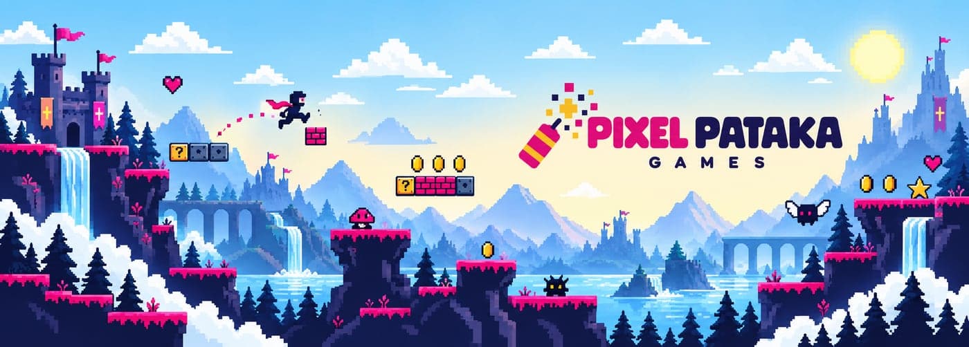 Flat print sheet: a pixel-art side-scrolling platformer world — castles, waterfalls, magenta-topped cliffs, floating blocks, coins and a hero mid-jump — with the Pixel Pataka Games logo in the sky on the right half.