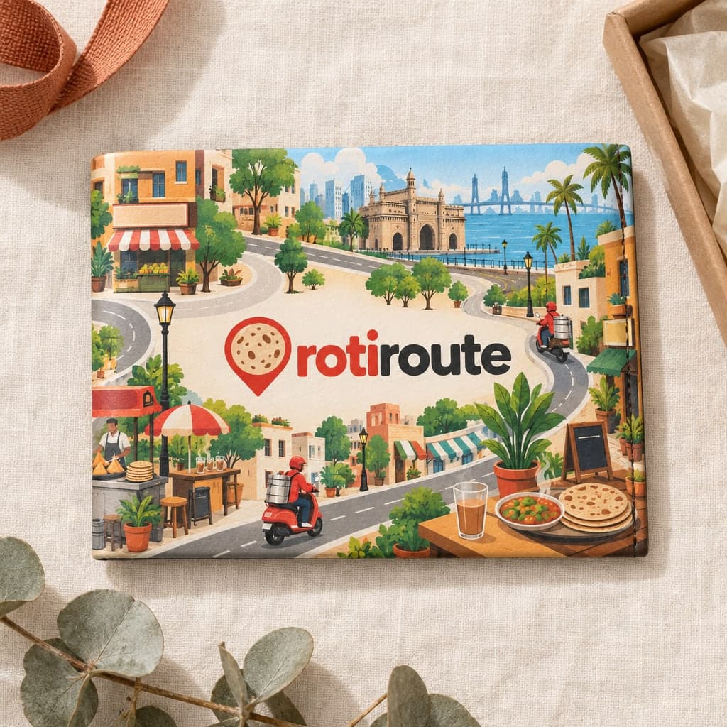 The Rotiroute wallet, closed on cream linen: a bright illustrated street map with riders and food stalls, with the logo on the front.