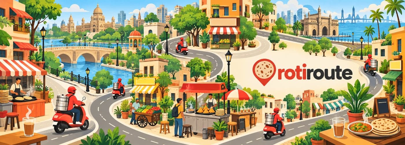 Flat print sheet: an illustrated city of winding roads, food stalls, chai and riders on red scooters, with the Rotiroute logo on the right half.
