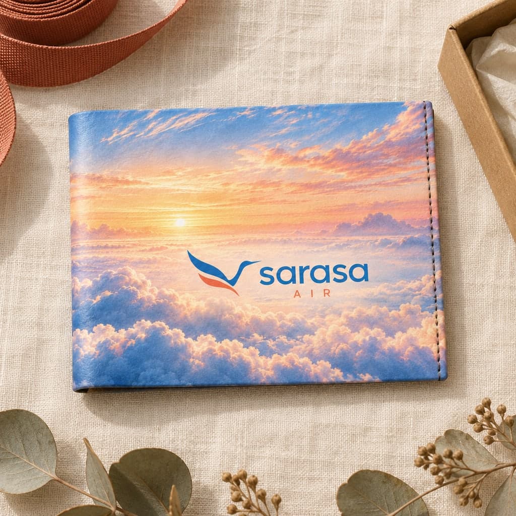 The Sarasa Air wallet, closed on cream linen: sunrise over the clouds in blue and coral, with the logo on the front.
