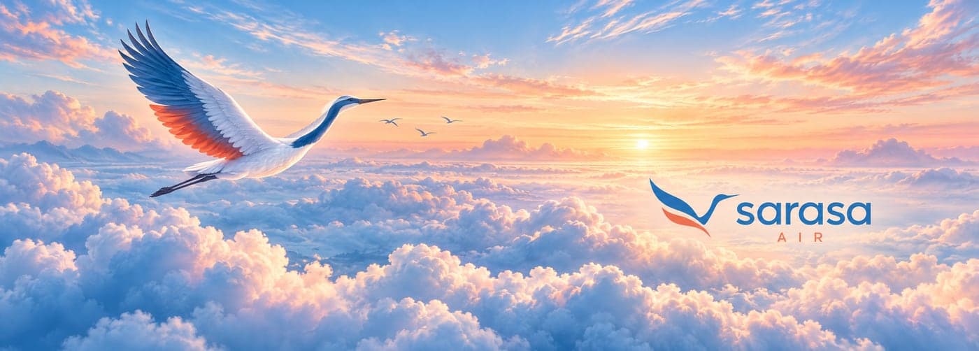 Flat print sheet: a white crane in flight over a sea of clouds at sunrise, in soft blue and coral, with the Sarasa Air logo on the right half.