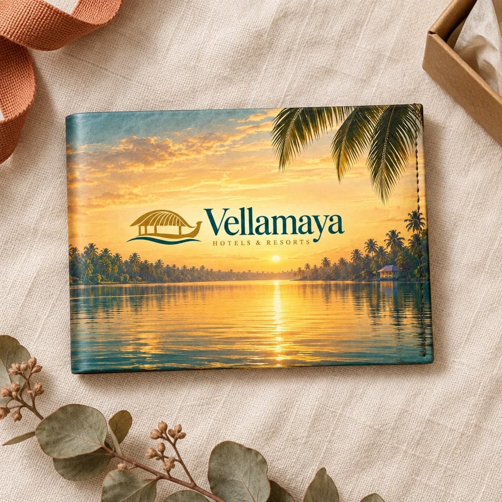 The Vellamaya wallet, closed on cream linen: golden-hour backwaters and palms, with the logo in teal and gold on the front.