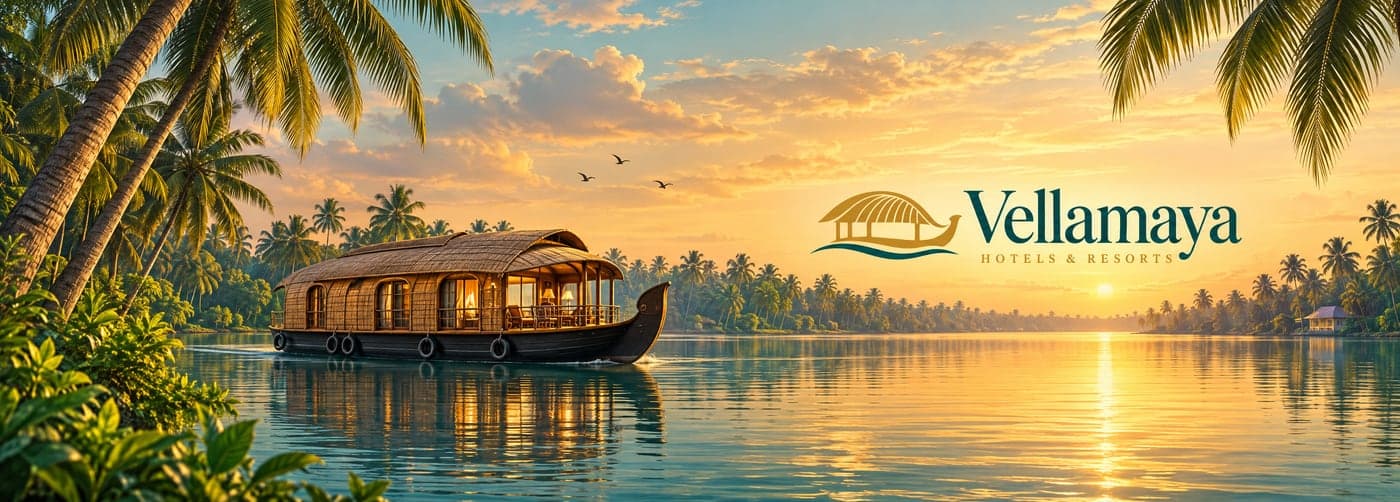 Flat print sheet: a Kerala houseboat gliding over still backwaters at golden hour, coconut palms on both banks, and the Vellamaya Hotels logo in teal and gold on the right half.