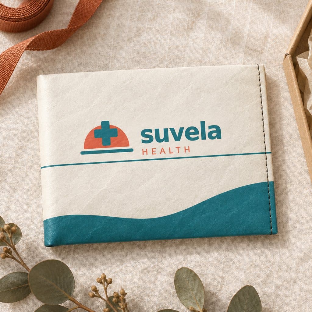 The Suvela Health wallet, closed on cream linen: warm white, a teal heartbeat line and the logo in its own teal and coral on the front.