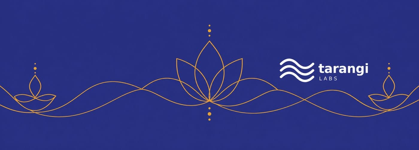 Flat print sheet: deep indigo with fine marigold line-work — a lotus between two diyas on a flowing line — and the Tarangi Labs logo in white on the right half.