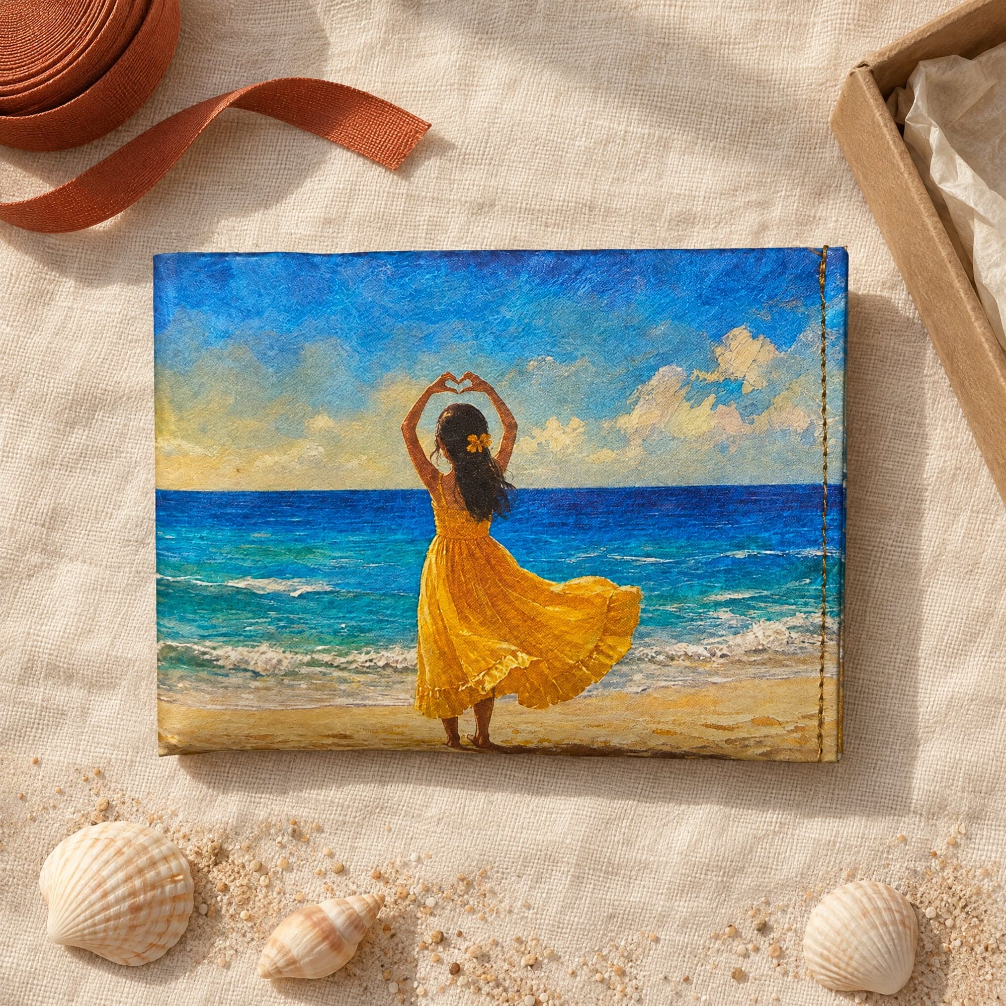 Beach Girl wallet on cream linen beside a kraft gift box, with seashells and sand