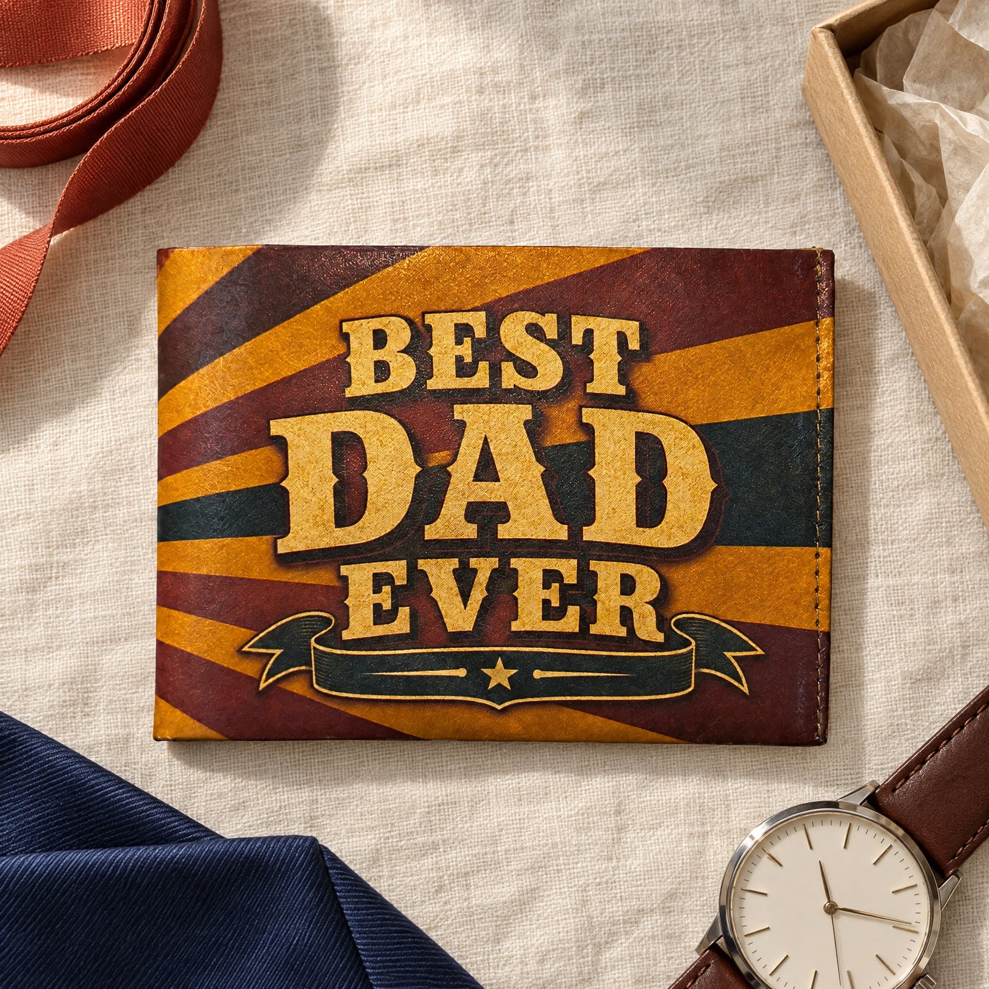 Best Dad Ever wallet on cream linen beside a kraft gift box, with a folded tie and a wristwatch