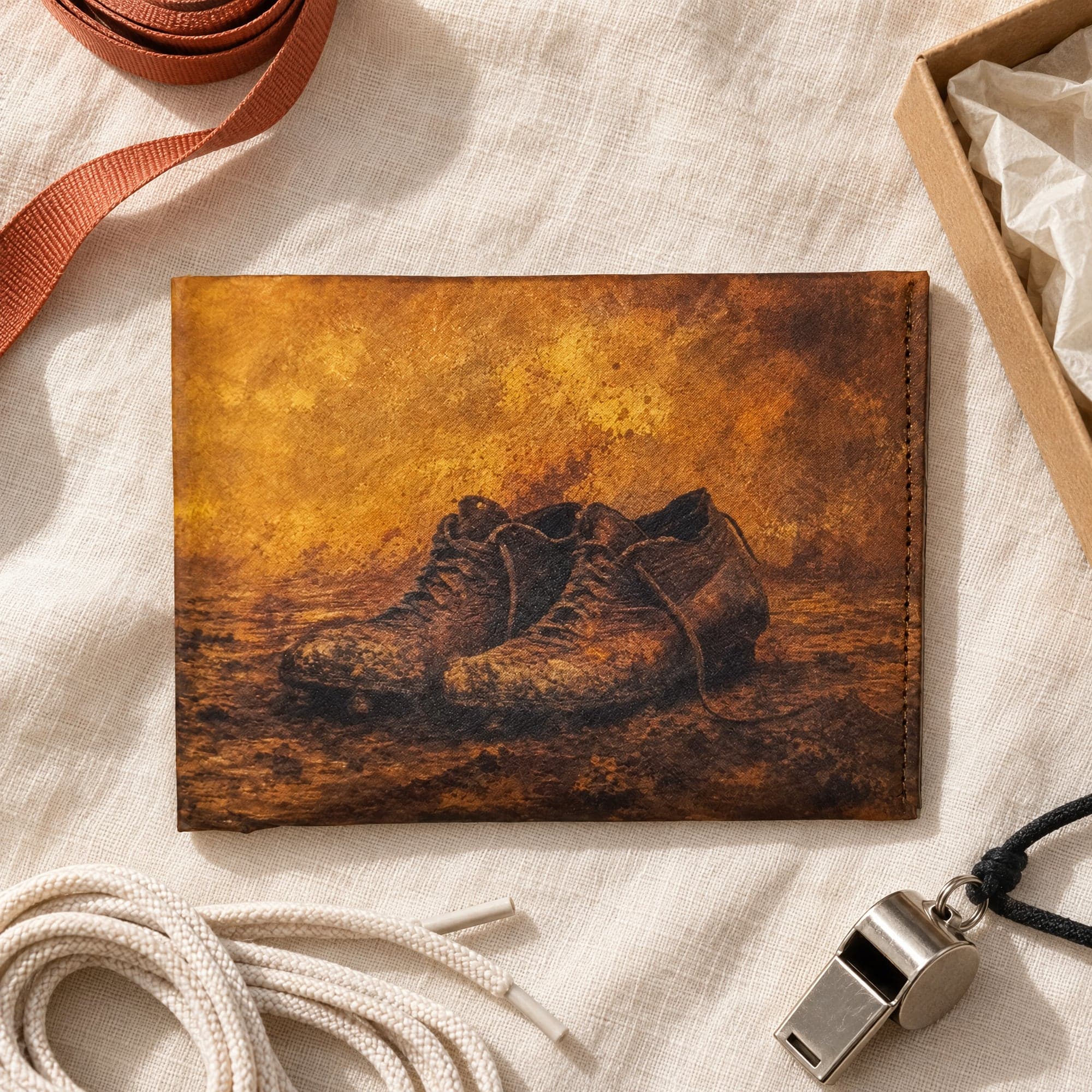 Football wallet on cream linen beside a kraft gift box, with boot laces and a whistle