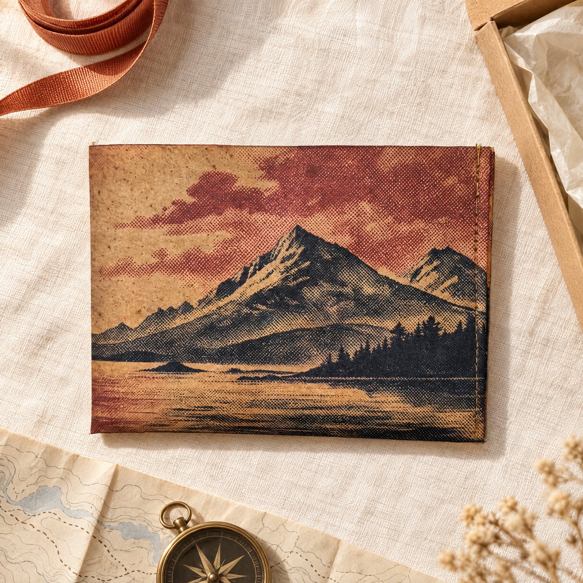 Halftone wallet on cream linen beside a kraft gift box, with a trail map and compass