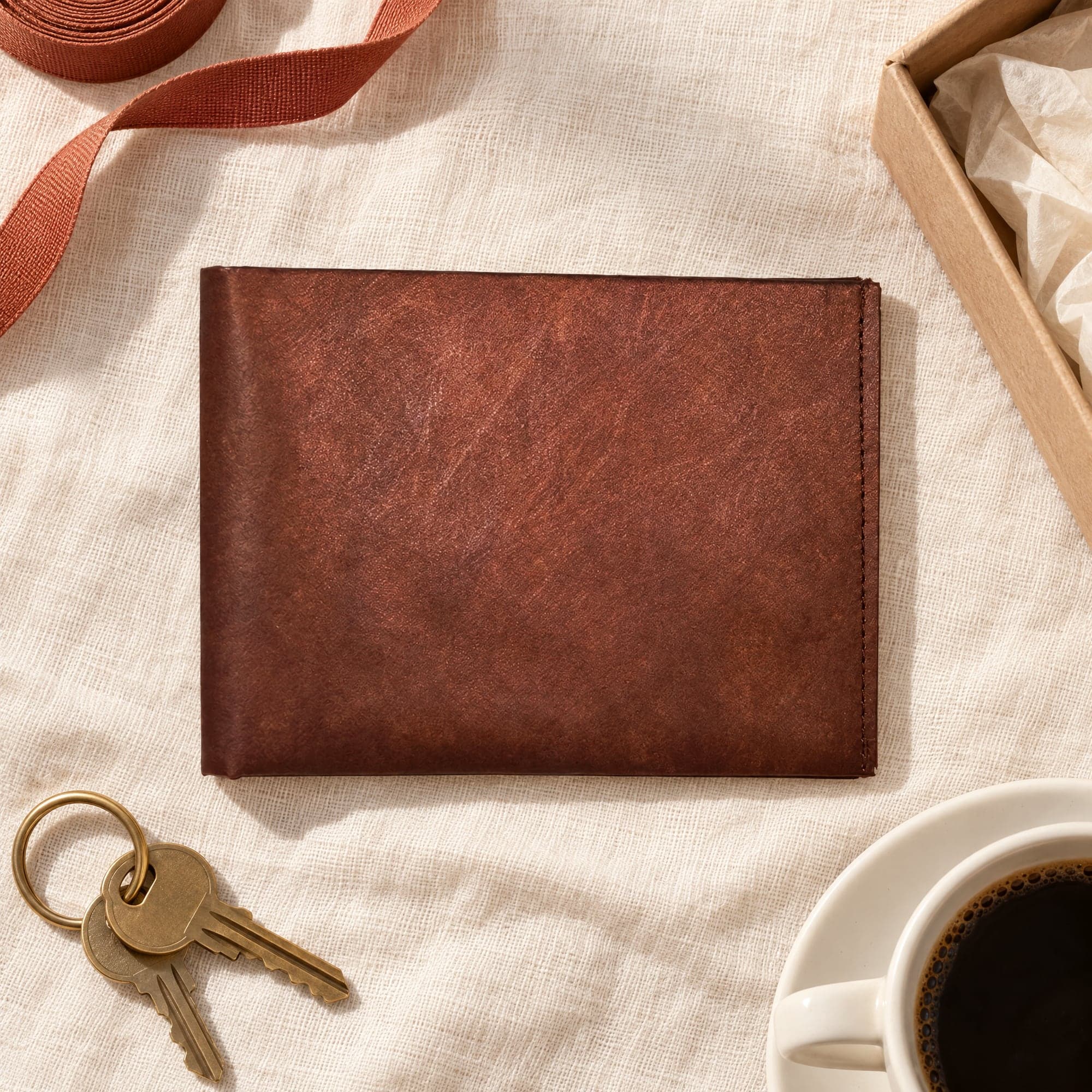 Leather Look wallet on cream linen beside a kraft gift box, with keys and a cup of coffee