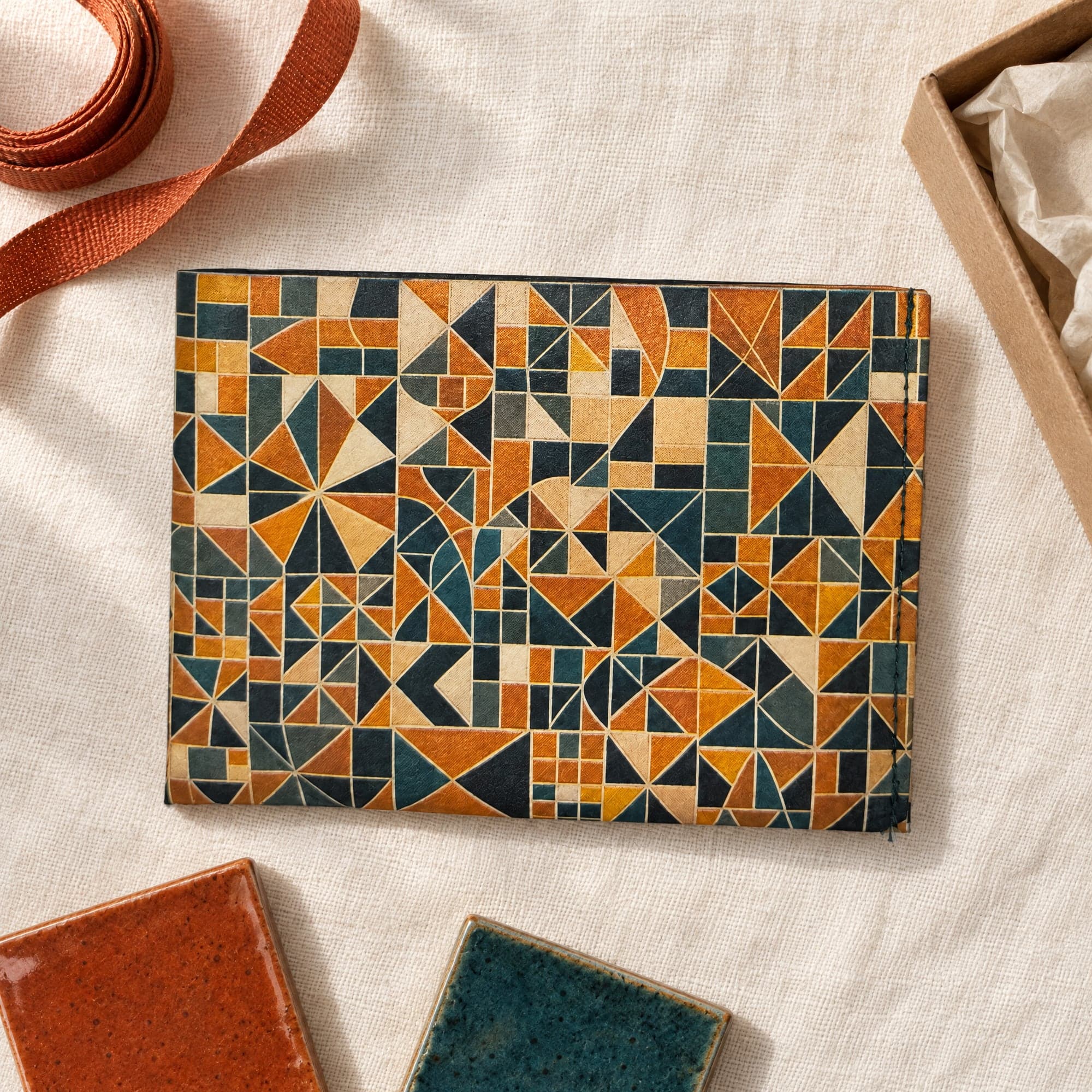 Mosaic wallet on cream linen beside a kraft gift box, with two ceramic tiles