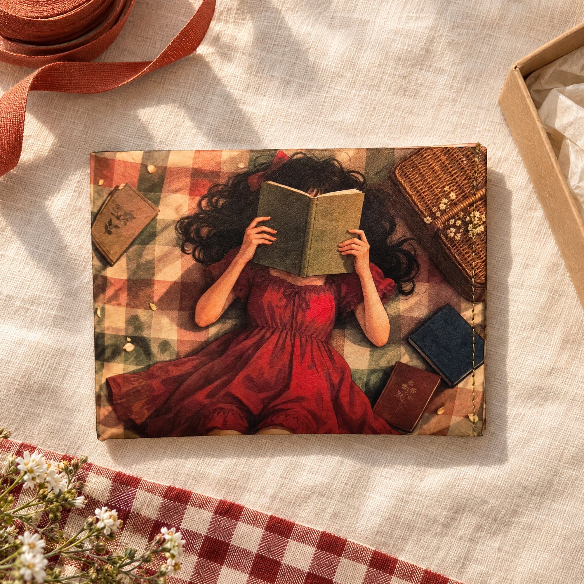 Picnic Girl wallet on cream linen beside a kraft gift box, with a gingham napkin and wildflowers