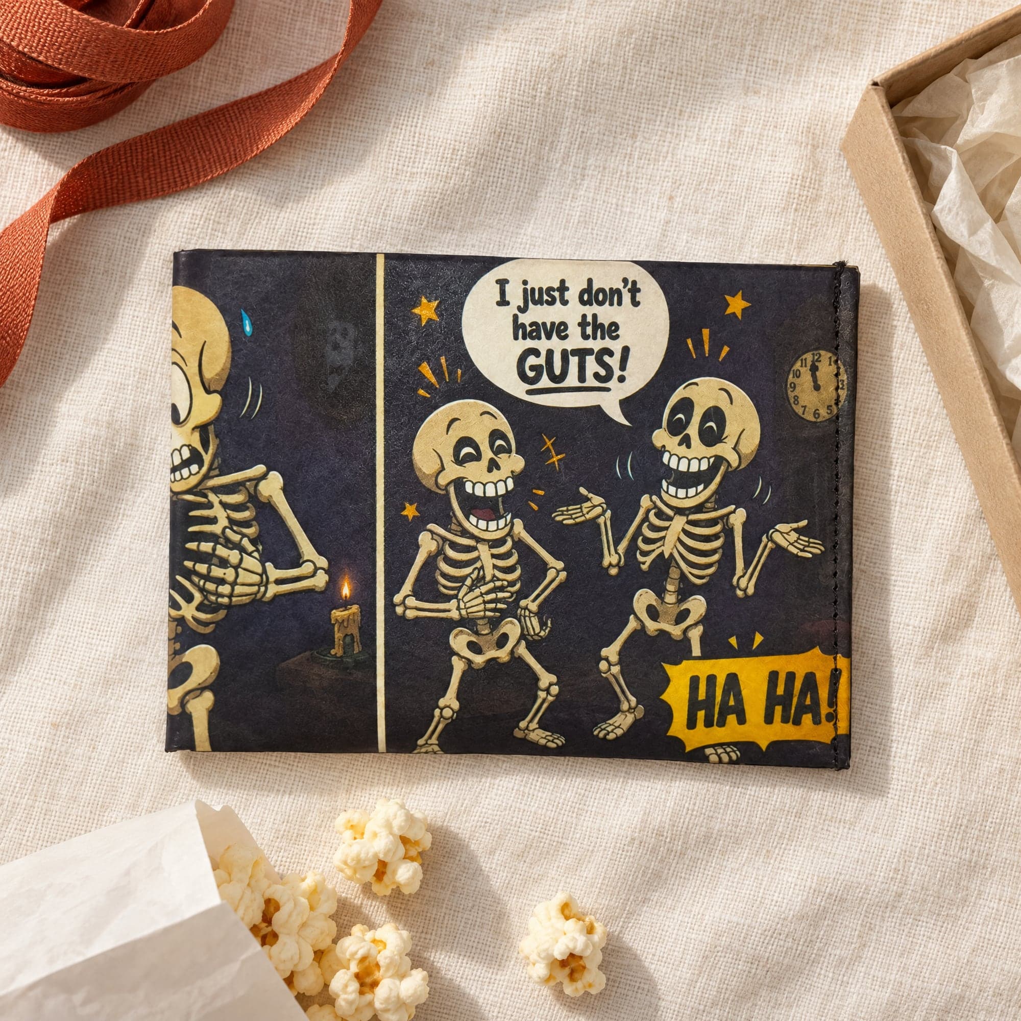 Skeleton Joke wallet on cream linen beside a kraft gift box, with a bag of popcorn