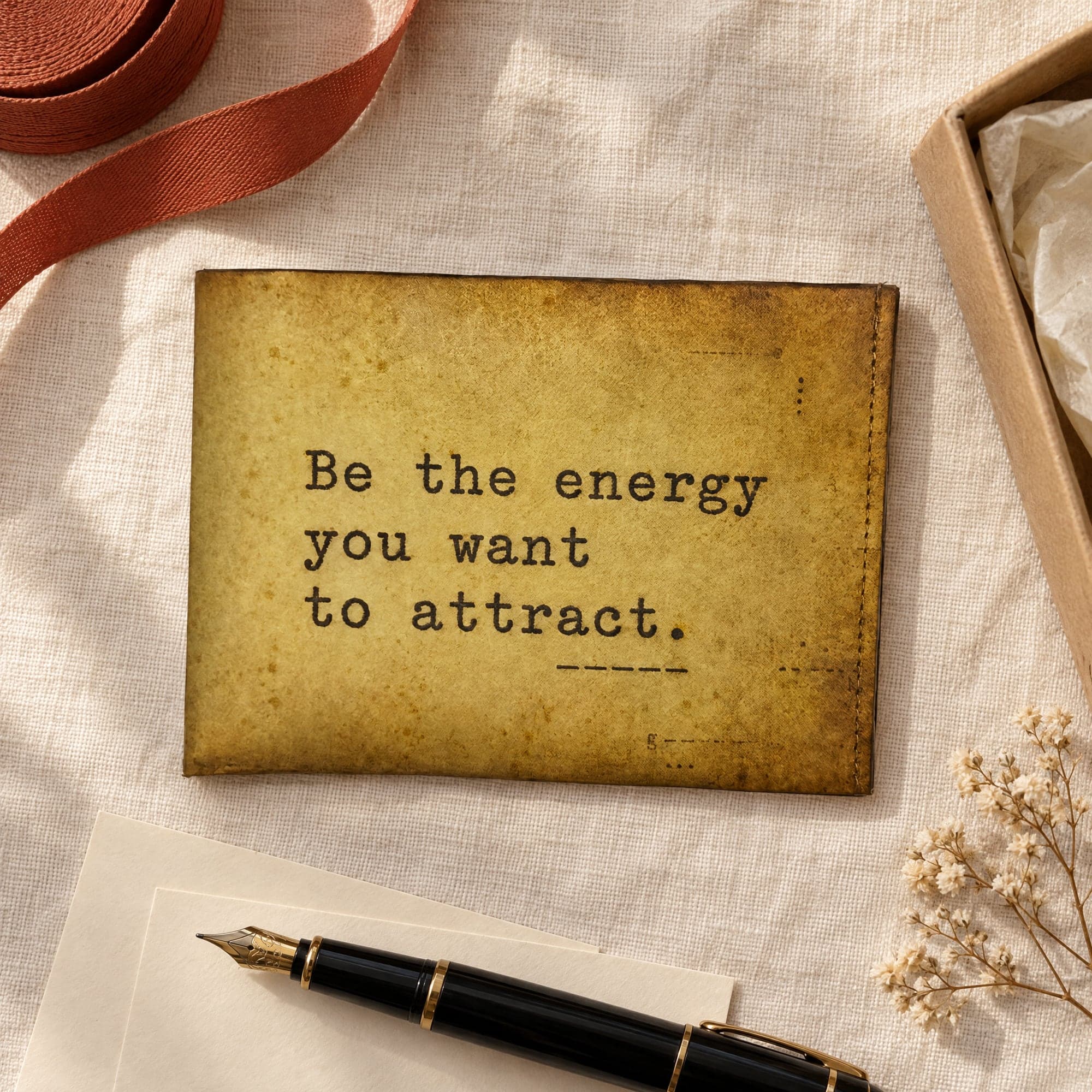 Typewriter Quote wallet on cream linen beside a kraft gift box, with a fountain pen and index cards