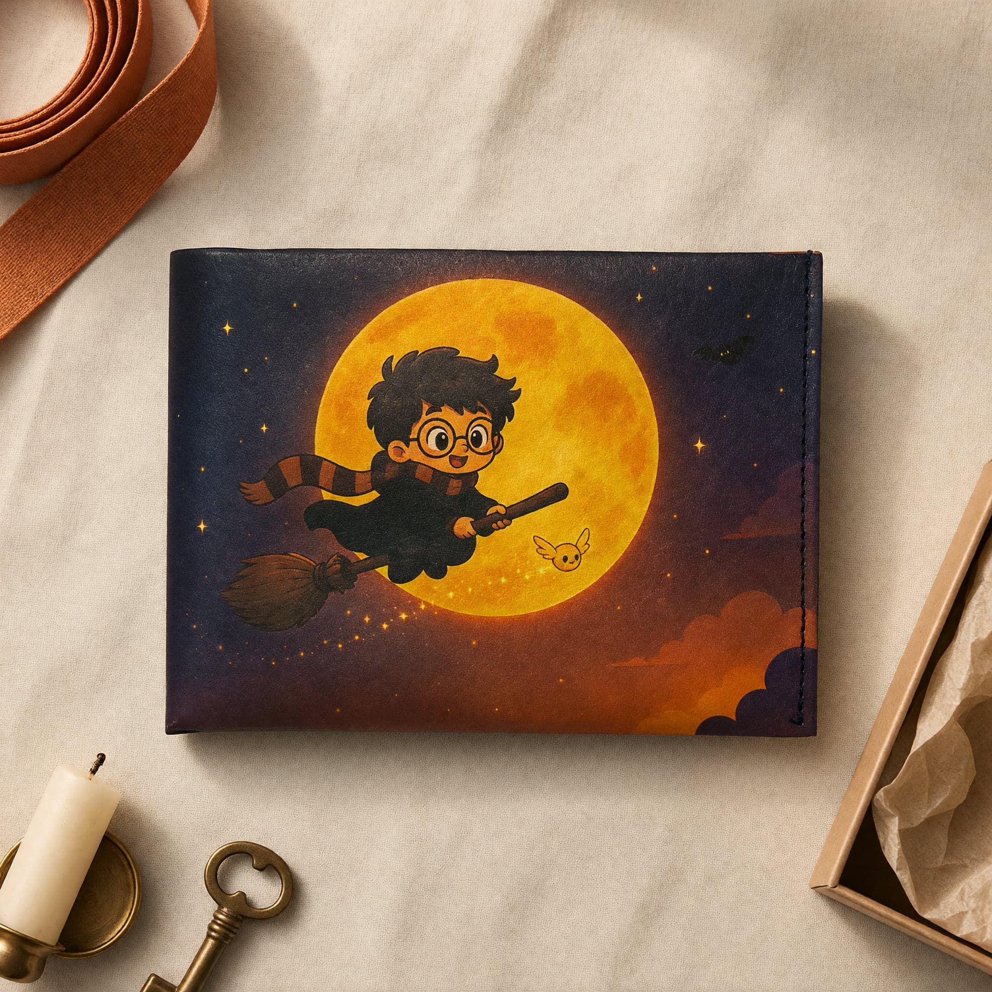 Wizard wallet on cream linen beside a kraft gift box, with a candle and an old key